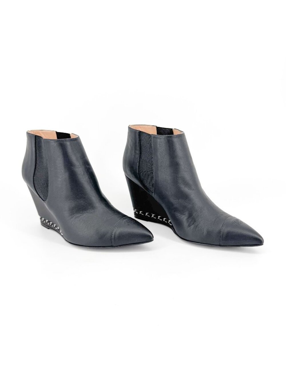 Chanel CC Black Leather Pointed Chain Wedge Ankle Boot Bootie Size 39.5 US 8.5-9